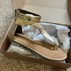Metallic Gold Fringe Floral T-Strap Sandals